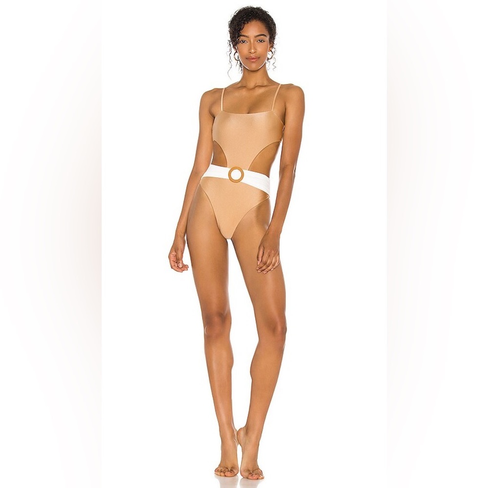 Camila Coelho Tan and White One Piece Swimsuit